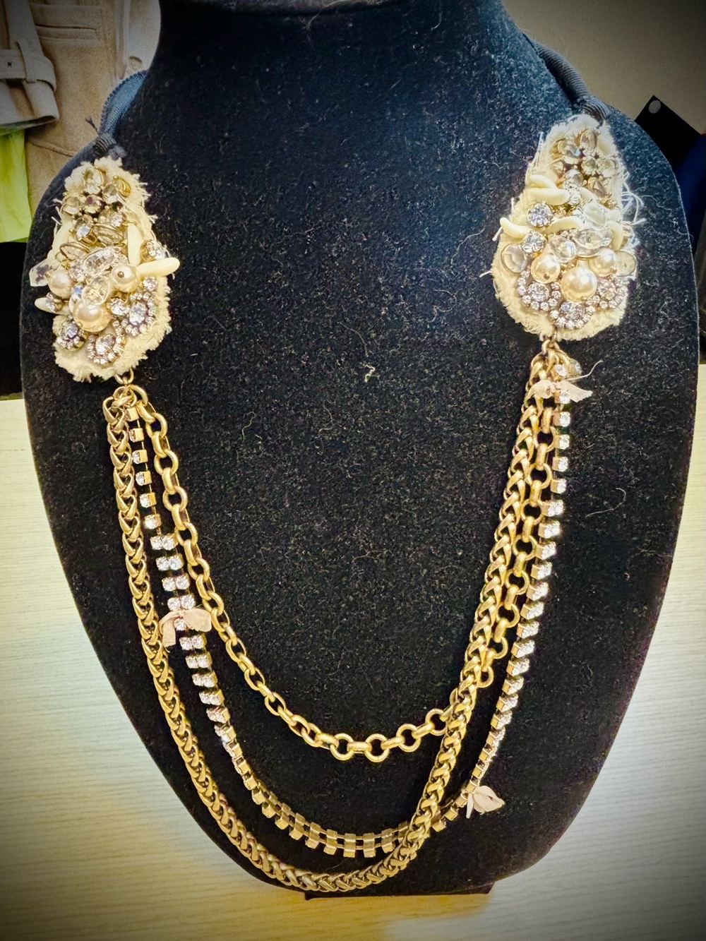 J. Crew Gold-Tone Multi-Layered Chain Statement Crystal Pearl Clusters Necklace